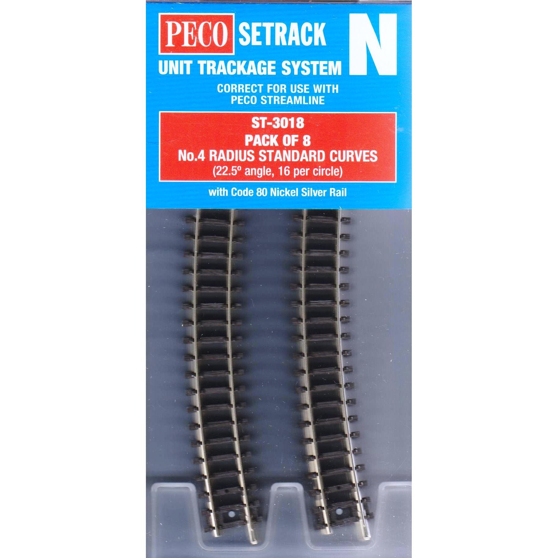 PECO N Setrack Standard Curve, 4th Radius (Pack of 8) Code 80 (ST3018)