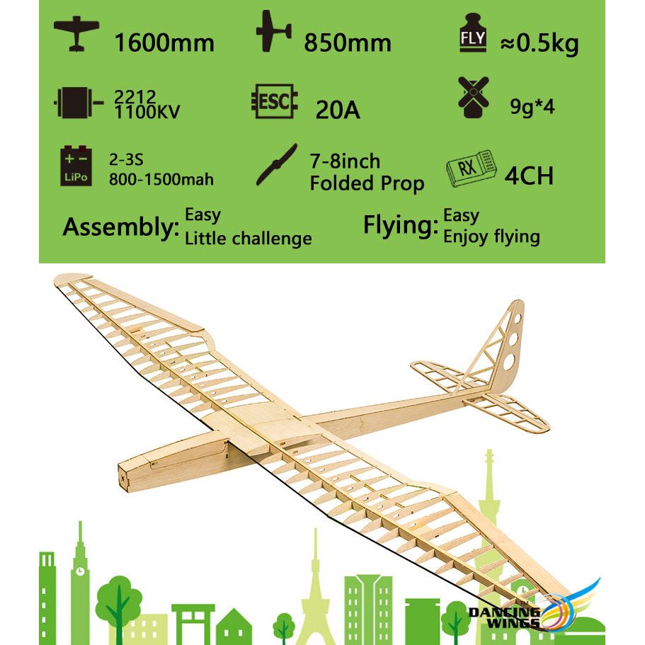 DANCING WINGS HOBBY EP Glider Sunbird Balsa Kit (1.6M)