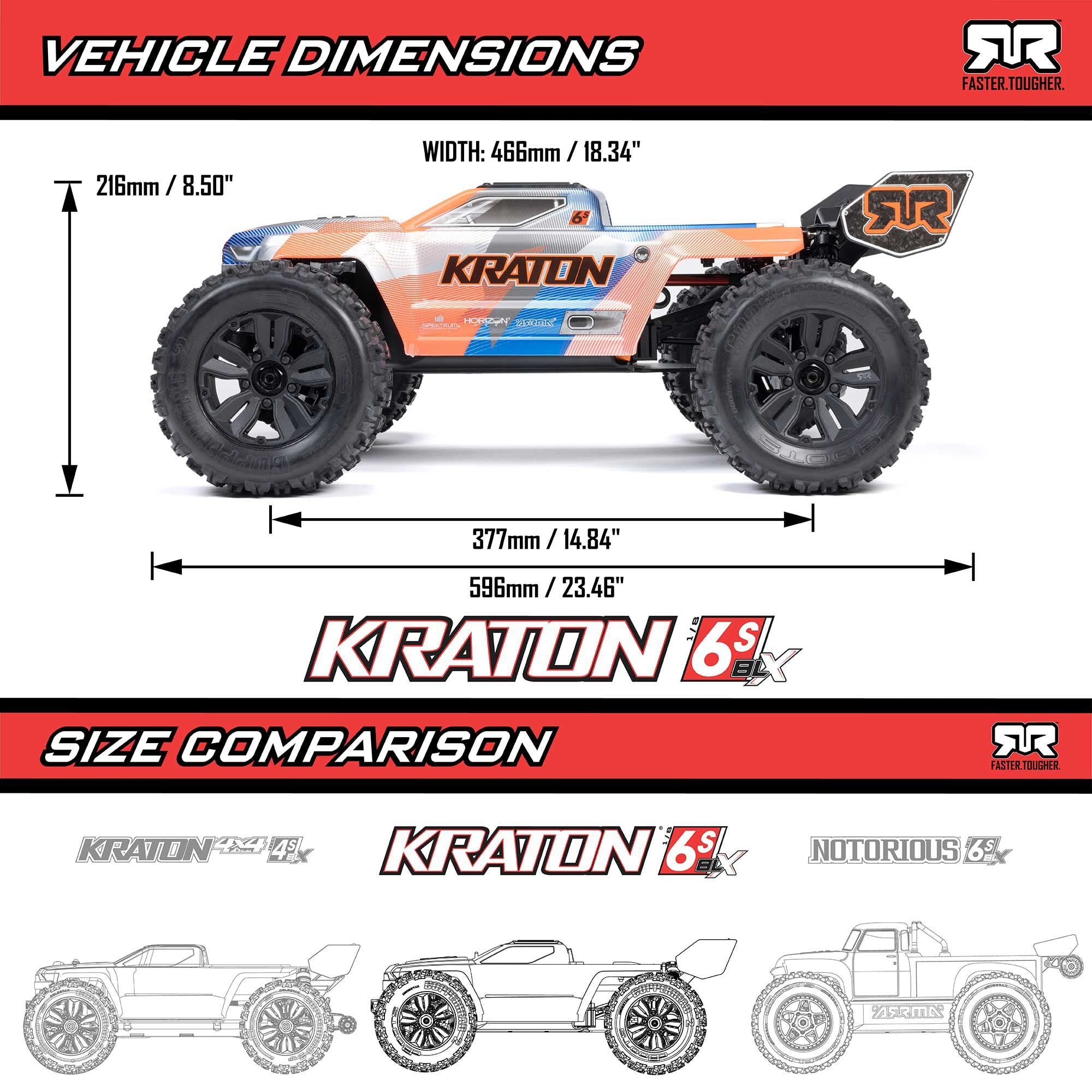 Arrma Kraton 6S BLX 4X4 1/8 Speed Monster Truck, RTR, Orange/Blue