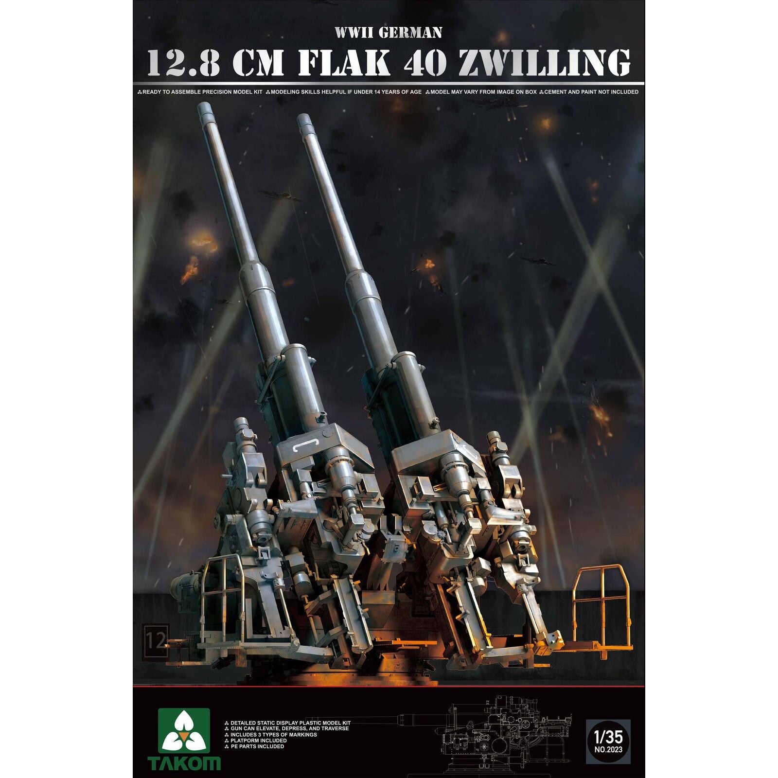 Takom 1/35 WWII German 12.8 cm FlaK 40 Zwilling Plastic Model Kit [2023]