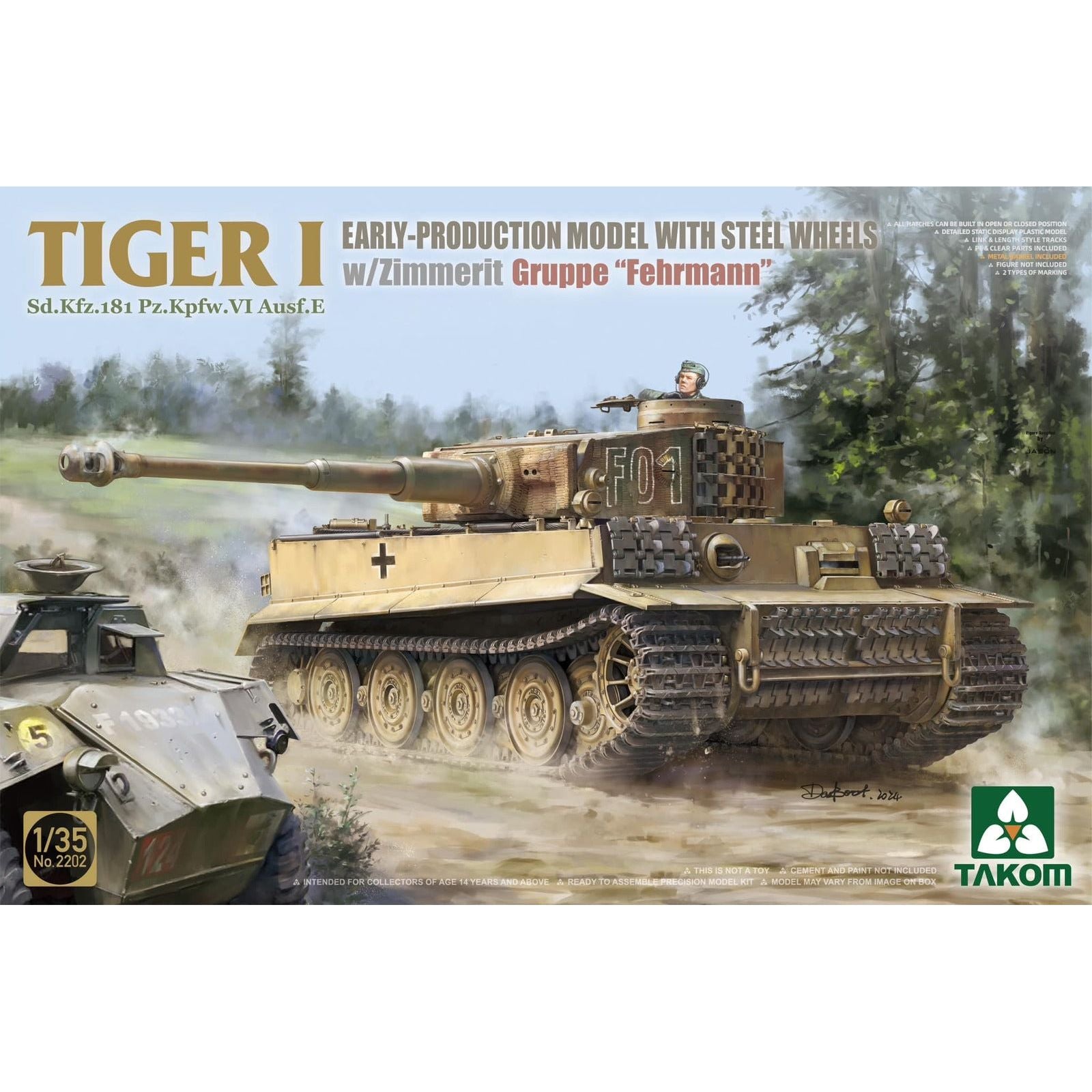 Takom 1/35 Tiger I Sd.Kfz.181 Pz.Kpfw.VI Ausf.E Early Production Model w/ Steel Wheels w/ Zimmerit Groppe "Fehrmann" Plastic Model Kit