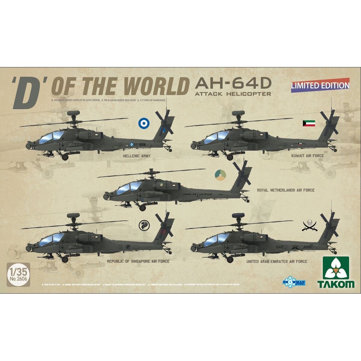 Takom 1/35 "D" Of the World AH-64D Apache Longbow Attack Helicopter Limited Edition Plastic Model Kit