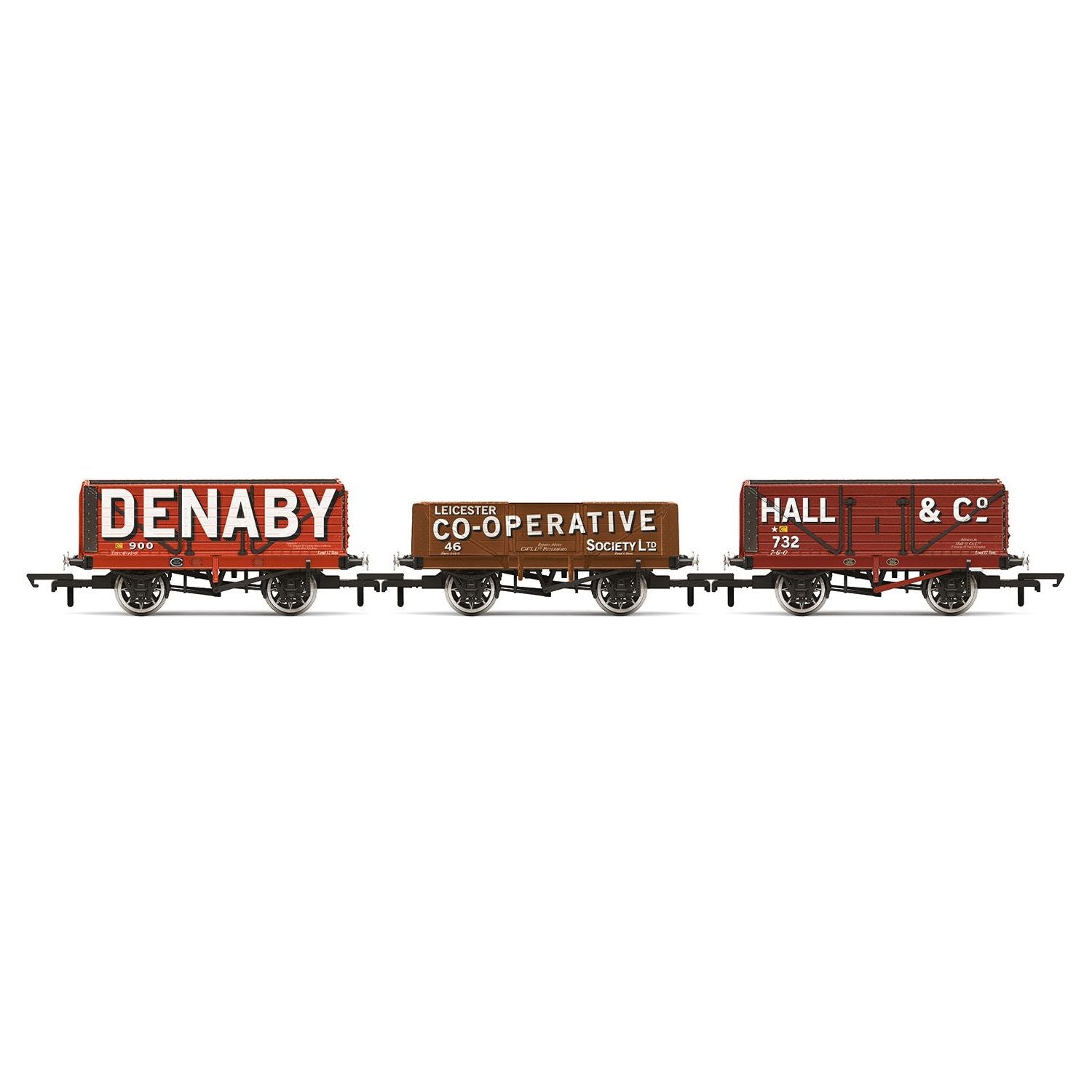 HORNBY OO Triple Wagon Pack, Denaby Colliery, Leicester Co-Op & Hall & Co - Era 3