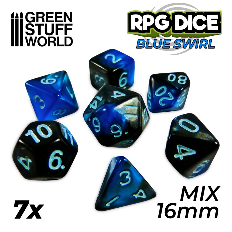 GREEN STUFF WORLD 7x Mix 16mm Dice - Blue Swirl