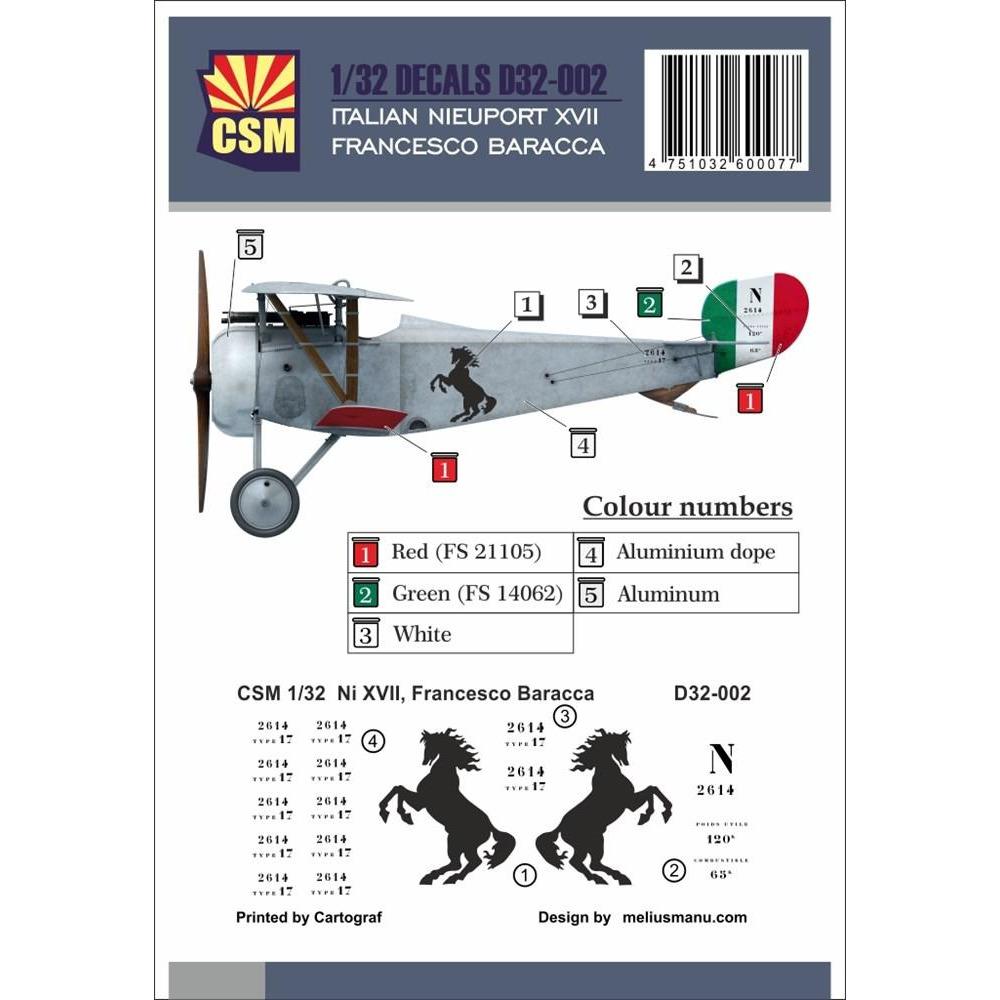 COPPER STATE MODELS DECAL Nieuport XVII, Francesco Baracca