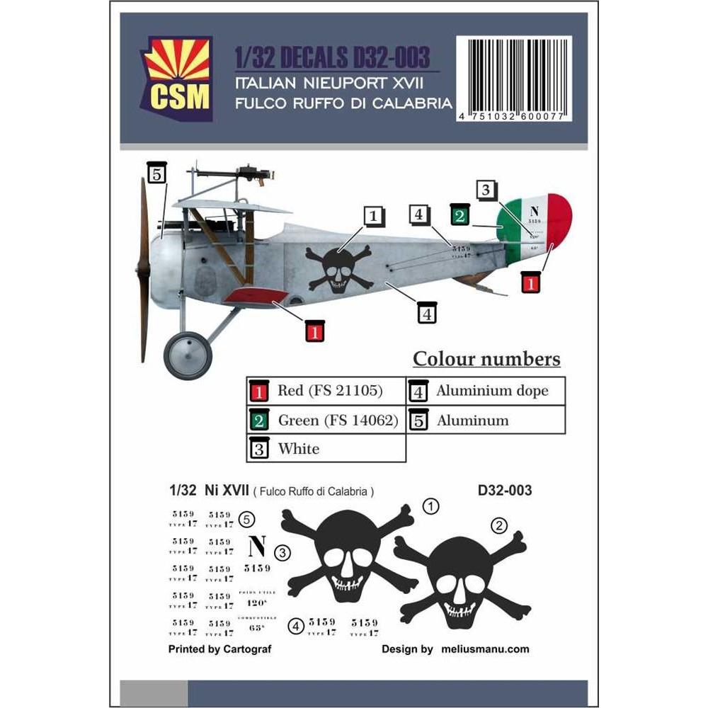 COPPER STATE MODELS DECAL Nieuport XVII, Fulco Ruffo di Cal