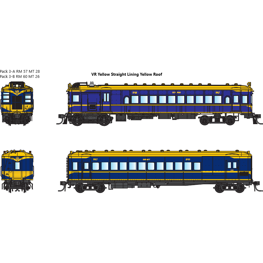 IDR HO VR Derm/MT Trailer Pack 3-A RM57 & MT28 1950s VR Yellow Straight Lining, Yellow Roofs