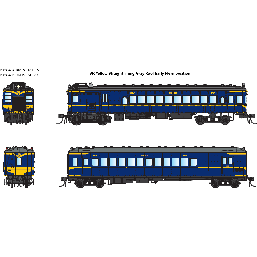 IDR HO VR Derm/MT Trailer Pack 4-A RM61 & MT26 1950s VR Yellow Straight Lining, Gray Roofs