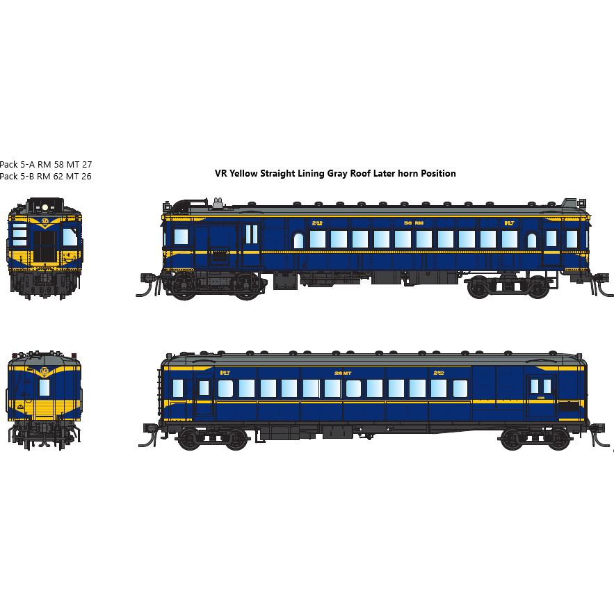 IDR HO VR Derm/MT Trailer Pack 5-A RM58 & MT27 1950s VR Yellow Straight Lining, Gray Roofs